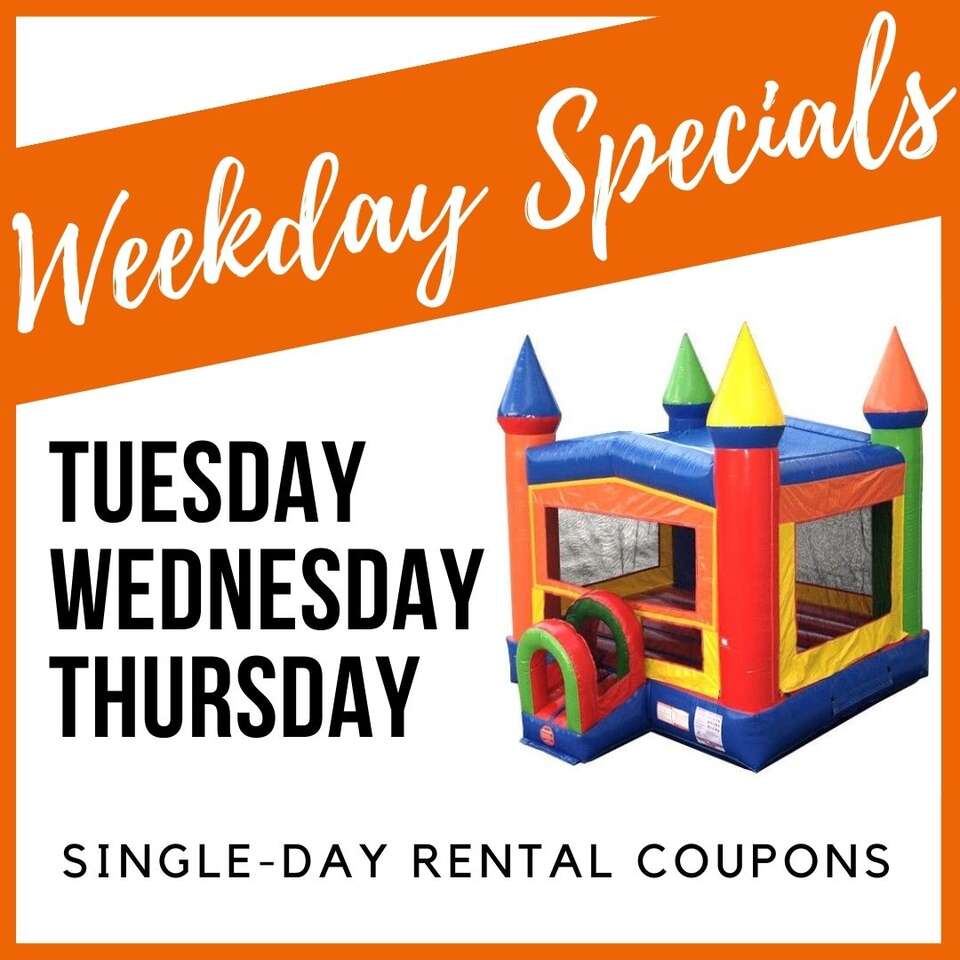 Promotional graphic for weekday bounce house rental specials featuring single-day coupons available Tuesday, Wednesday, and Thursday.