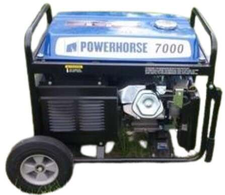 Portable Powerhorse 7000 generator with wheels and metal frame for backup power, outdoor events, and job site use.