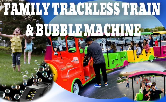Jr. Royal Express trackless train and bubble machine rental package deal Rockford IL