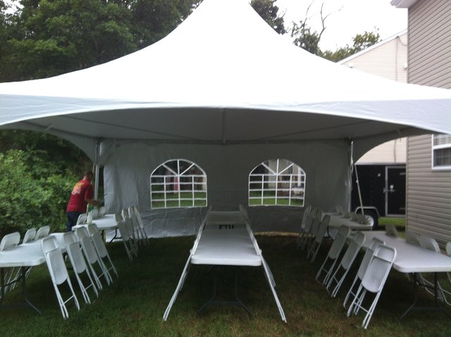 20x20 High Peak Tent Package for 50 with Sidewalls  (8 6ft Tables and 50 Chairs)