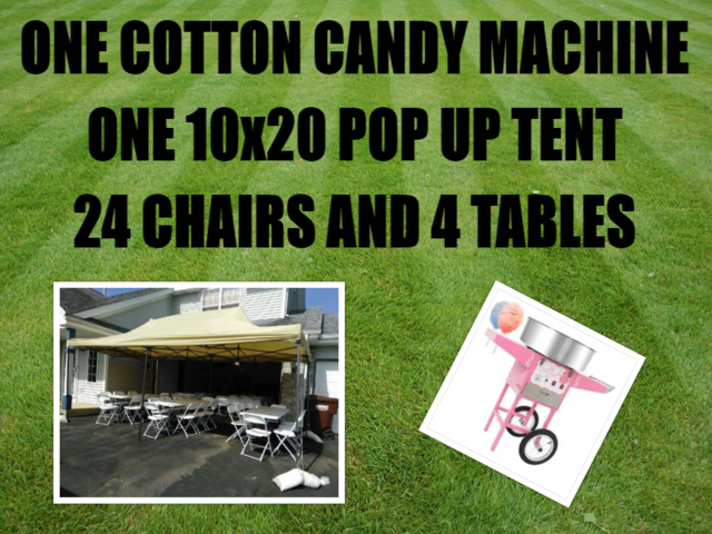 10x20 Popup Tent Package for 24 & Cotton Candy Machine  (4 6ft Tables and 24 Chairs)