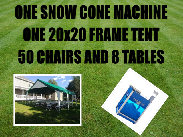 20x20 Economy Frame Tent Package for 50 & Snow Cone Machine  (8 6ft Tables and 50 Chairs)