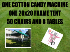 20x20 Economy Frame Tent Package for 50 & Cotton Candy Machine  (8 6ft Tables and 50 Chairs)