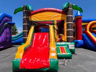 NEW! Hawaiian Bounce & Slide Combo W/Basketball Hoop