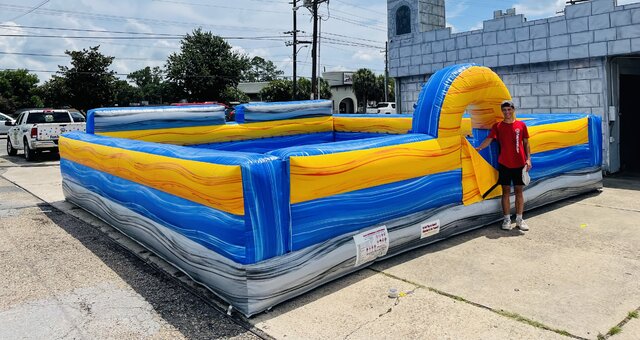Blue and yellow Marble Foam Pit for rent