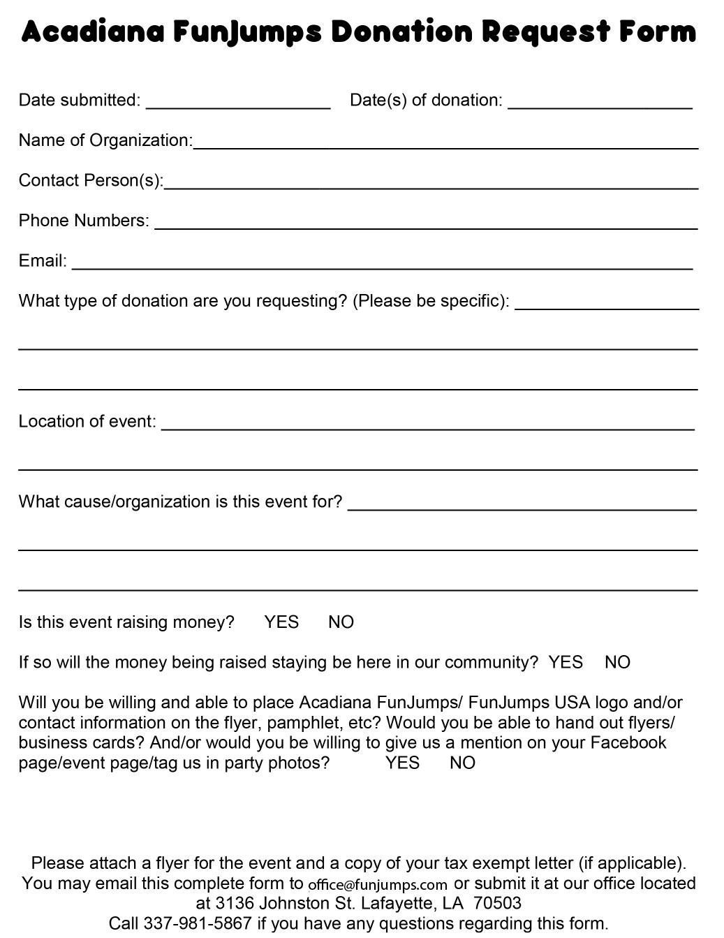 Acadiana FunJumps Donation Request Form Acadiana FunJumps Donation Request Form