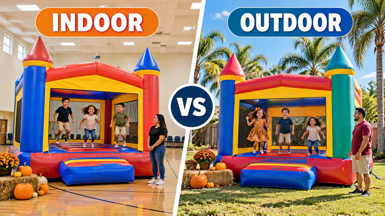 Kids enjoying outdoor bounce house at a fall party in the Rio Grande Valley