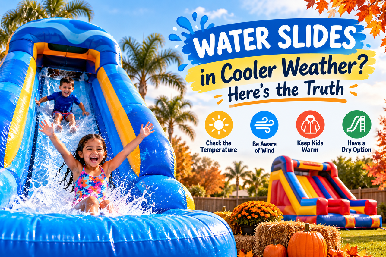 Children enjoying a water slide rental at an outdoor party in the Rio Grande Valley on a sunny day
