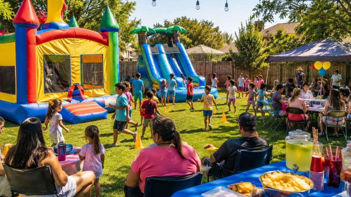 Sunny backyard birthday celebration with inflatables