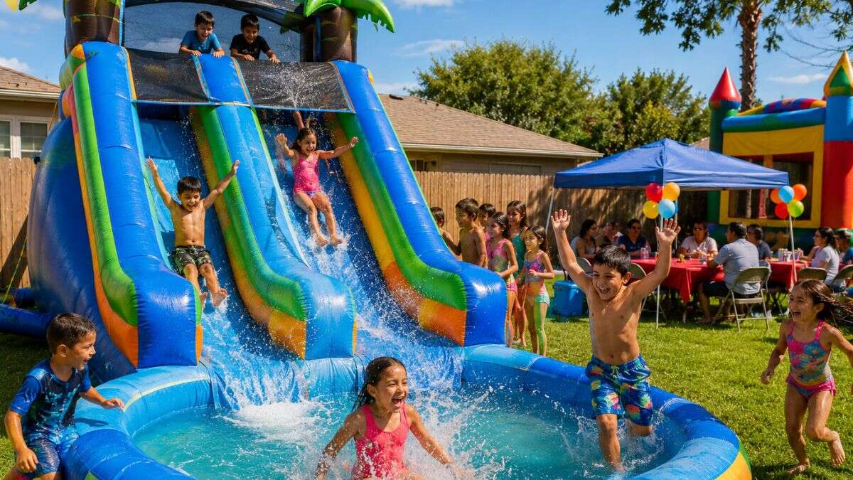 Sunny backyard water slide party