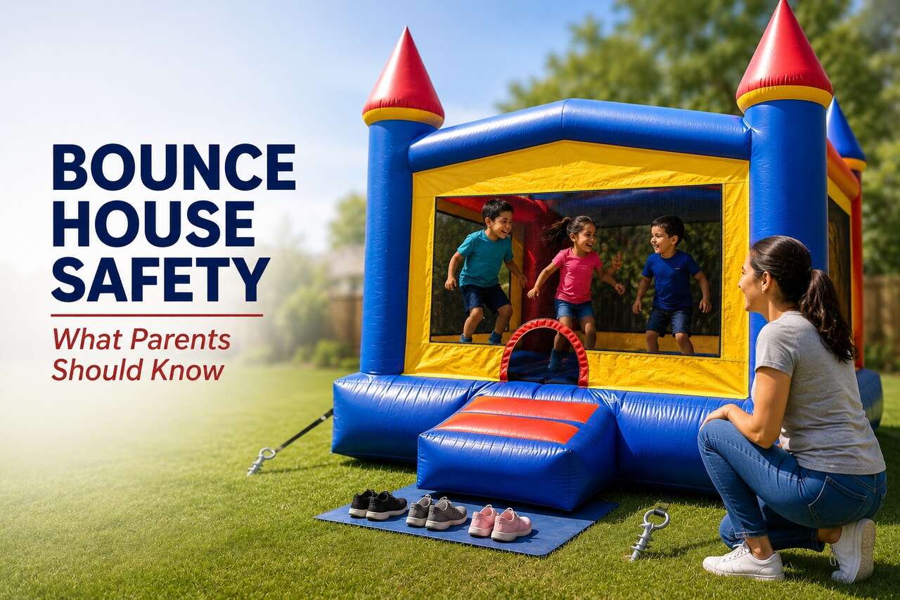 Professional bounce house setup with proper anchoring and spacing