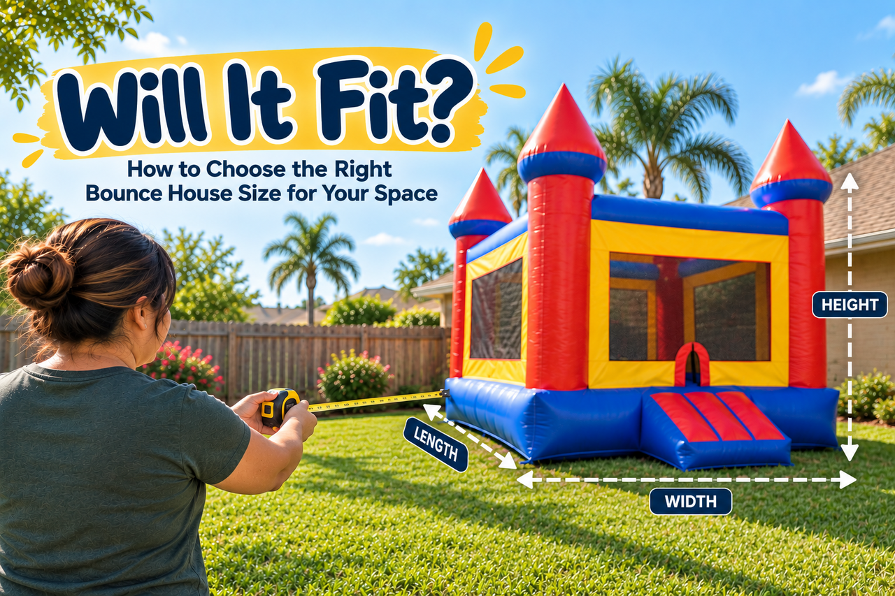 Bounce house size comparison guide showing different inflatable dimensions