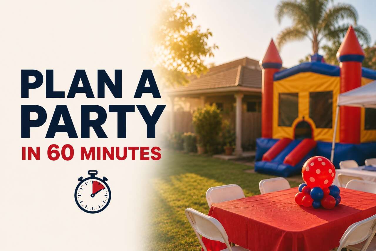 Kids enjoying a colorful bounce house at a backyard party