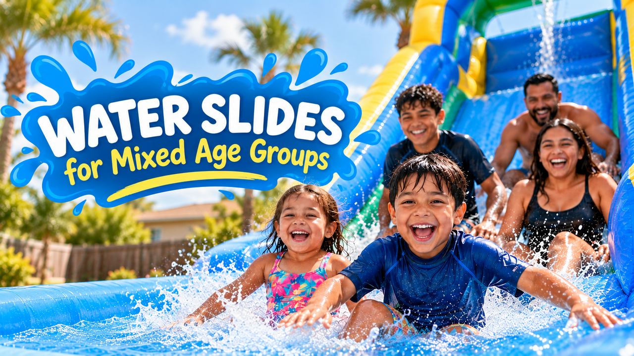 Mixed age group enjoying water slide at Rio Grande Valley party