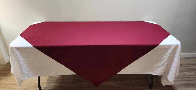 Burgundy Overlay with White table cloth for 6 foot rectangle table