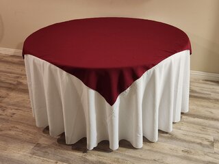 Burgundy Overlay with White Tablecloth for 60" round table