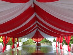 20x20 tent  w Red & White Tent Drapery Draping