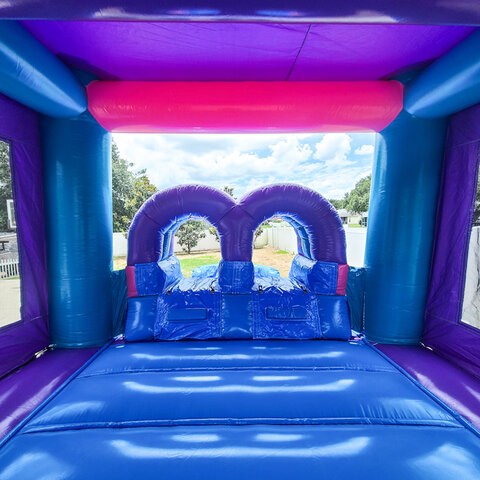 blue and pink bounce house 