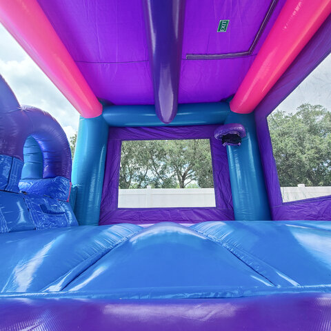 pink and blue bounce house 