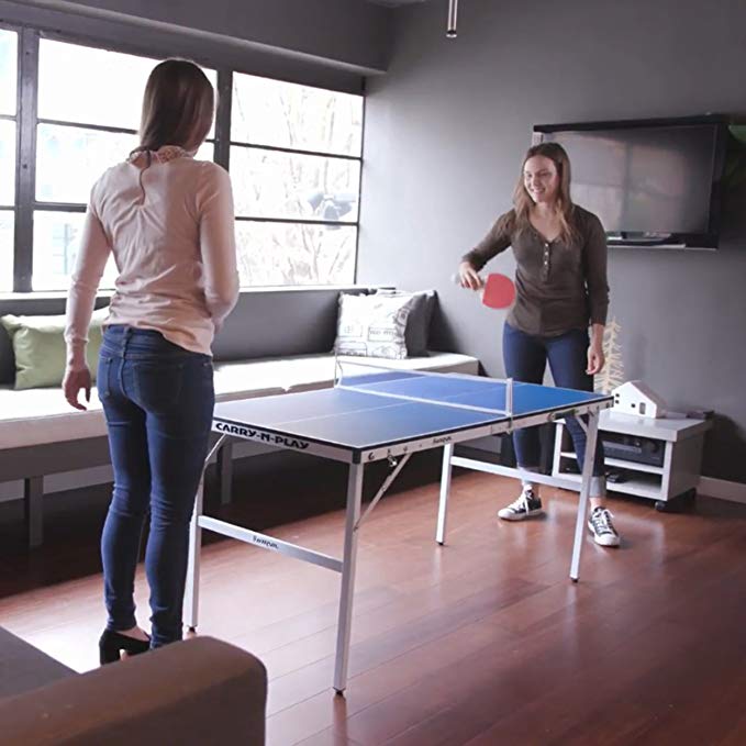 Two girls playing on a mini ping pong table