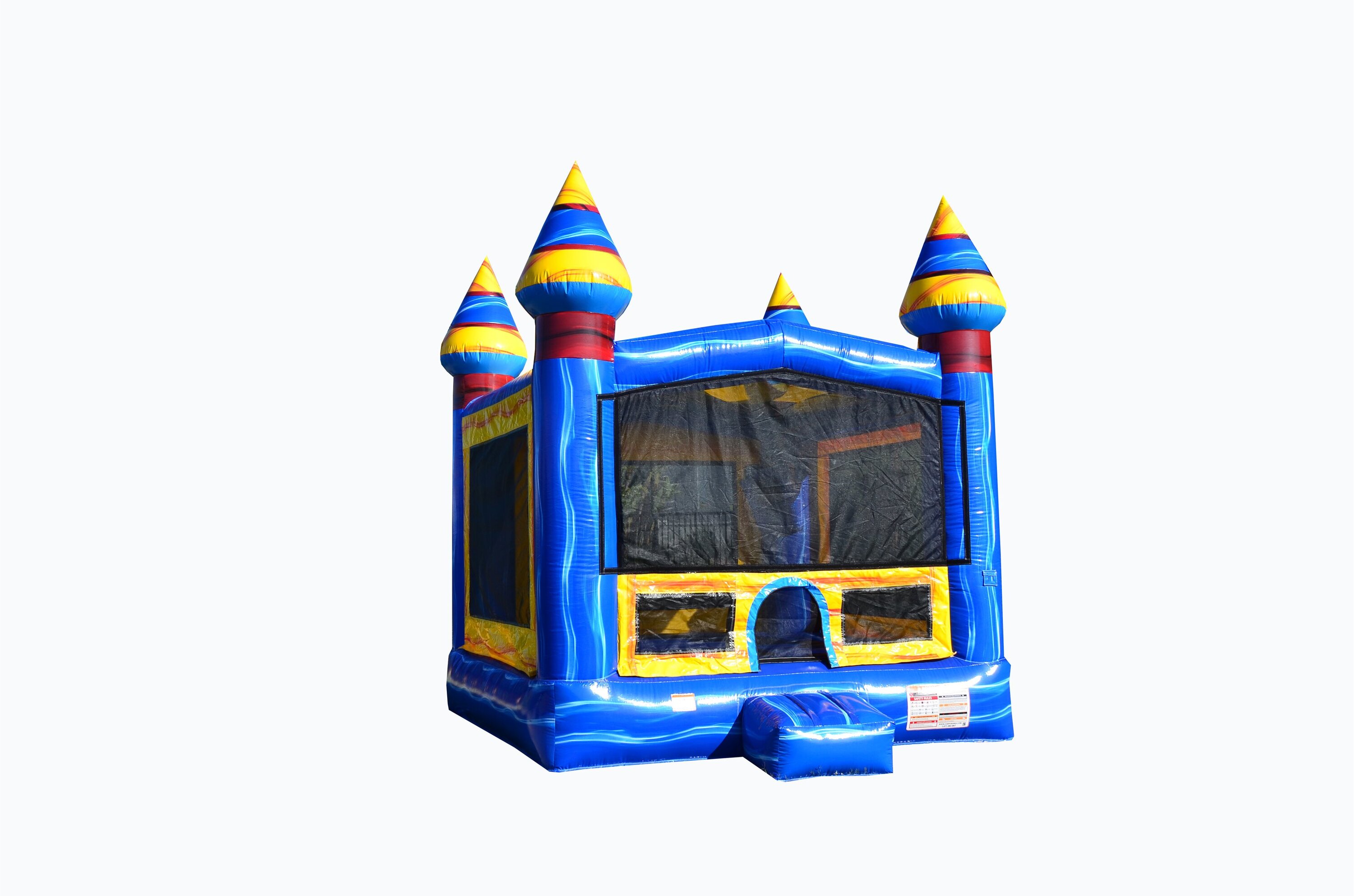 blue bounce house with yellow accents