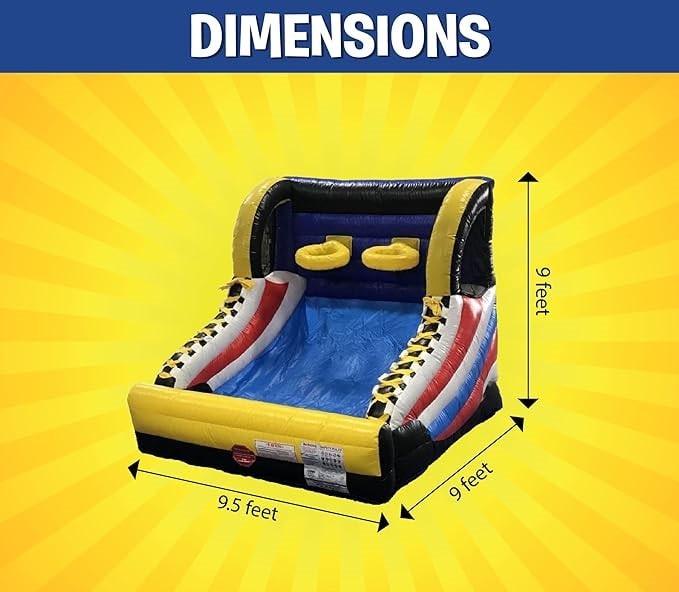 A detailed image showing the dimensions of the Mini Hoop Shot Inflatable Basketball Game against a vibrant yellow background, illustrating its compact size suitable for various event spaces.