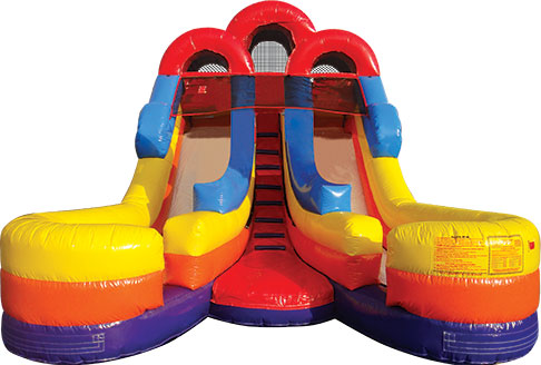 yellow and red inflatable water slide with two slide lanes