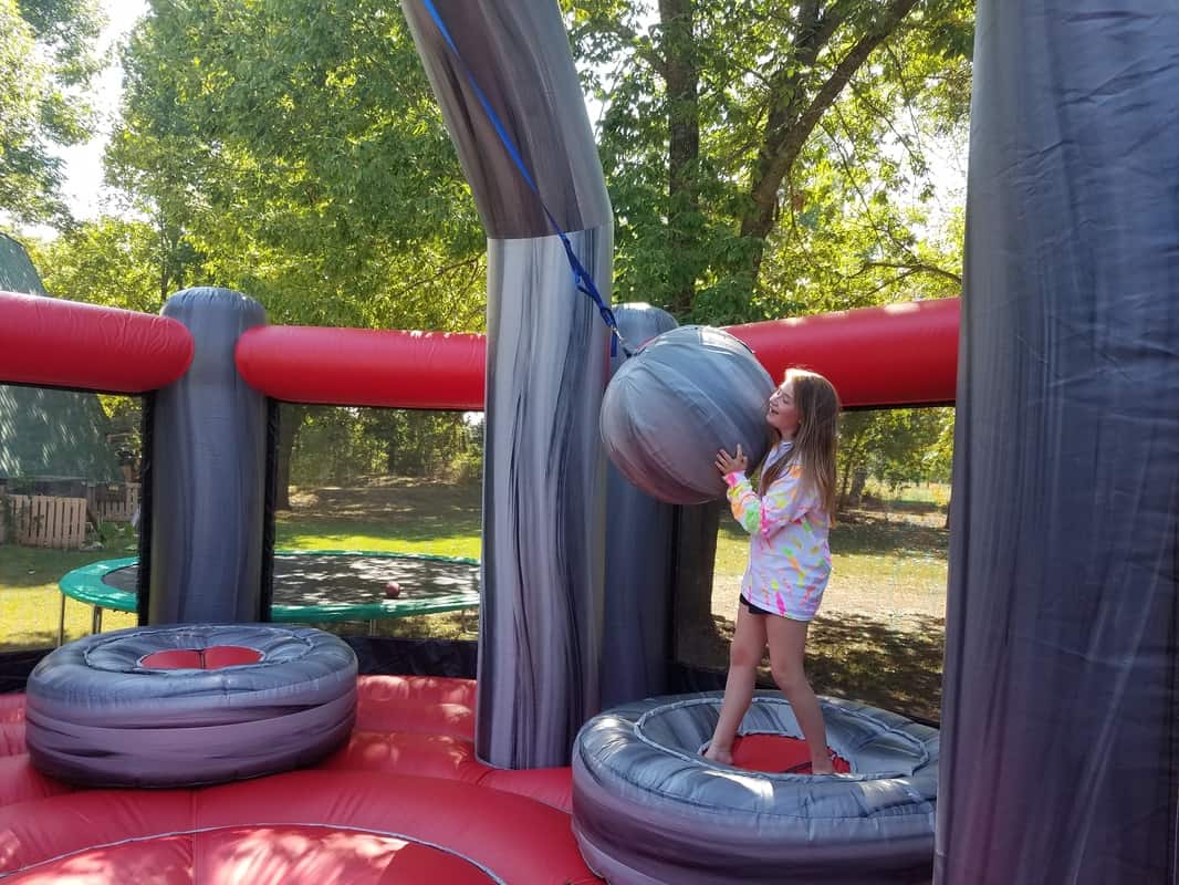 Inflatable wrecking ball team building game being played in Kansas City. Inflatable wrecking ball team building game being played in Kansas City.