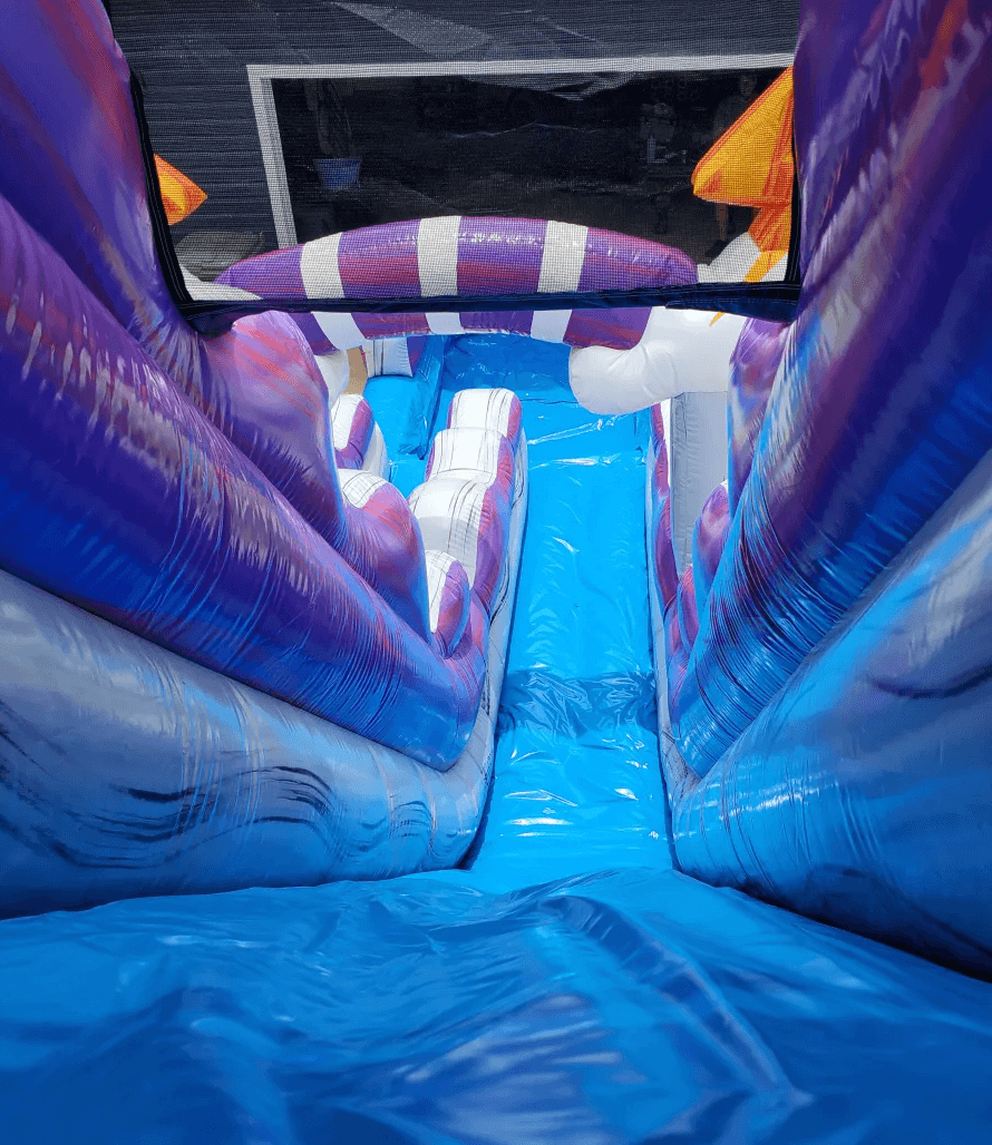 View from slide landing to inflatable pool