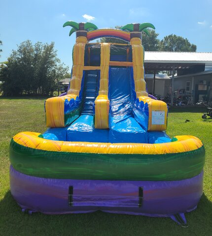 Purple, blue, green, and yellow water slide rental