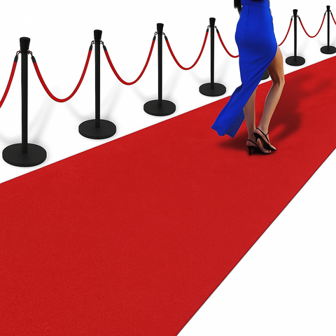 Black Stanchions with Red Velvet Ropes and 30ft Red Event Carpet Runner Rental