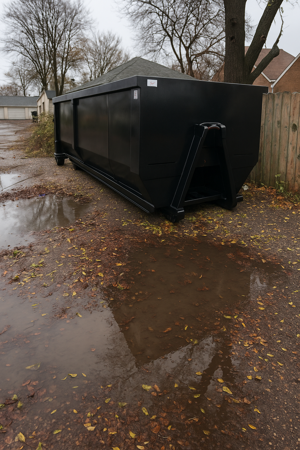 Large black dumpster placed on a wet alley with fallen leaves and puddles.