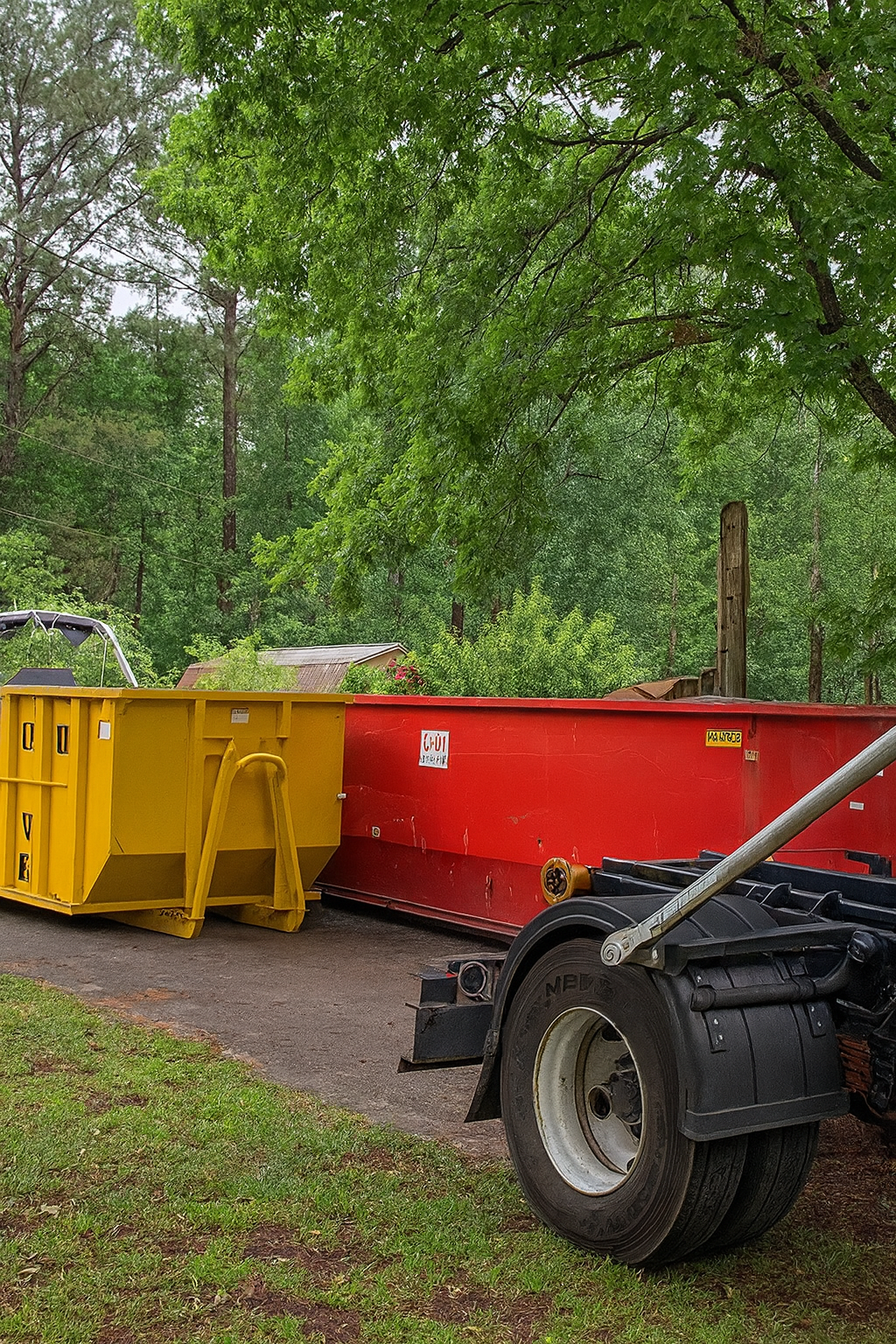 Red and yellow dumpsters beside a roll-off truck on a wooded driveway.