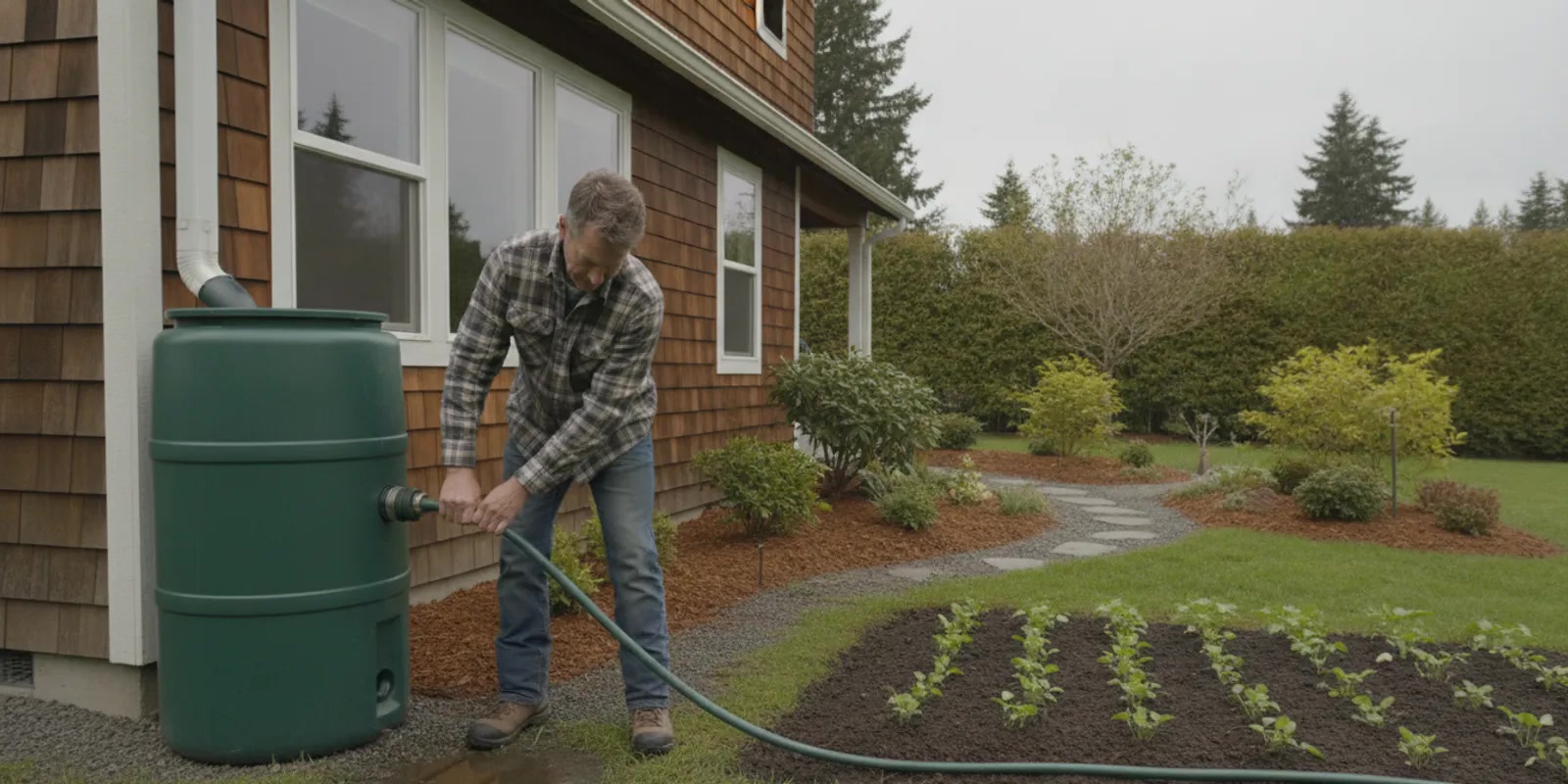 A homeowner removing a rain barrel beside a garden after a yard project