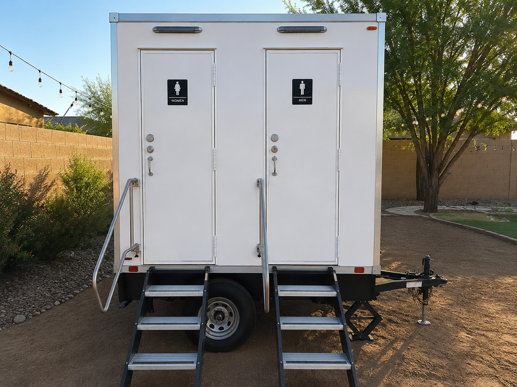 2-stall luxury bathroom trailer for a Phoenix backyard party, wedding, or private event