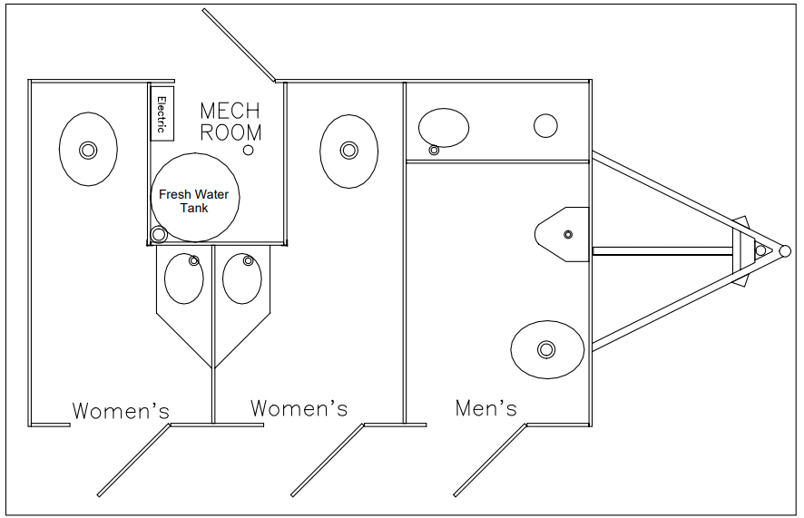 Floor plan of a 3-stall luxury bathroom trailer available for Phoenix and West Valley events