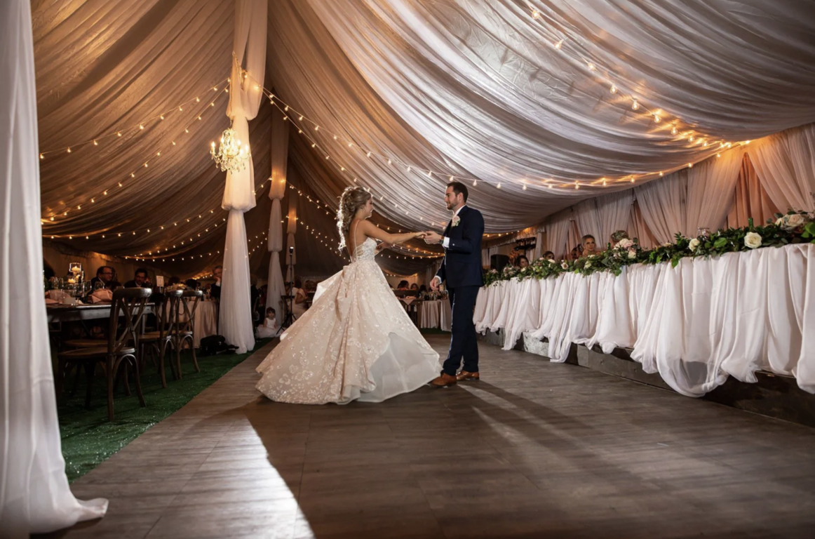 Dark maple wood dance floor rental for weddings and outdoor events in Goodyear Arizona