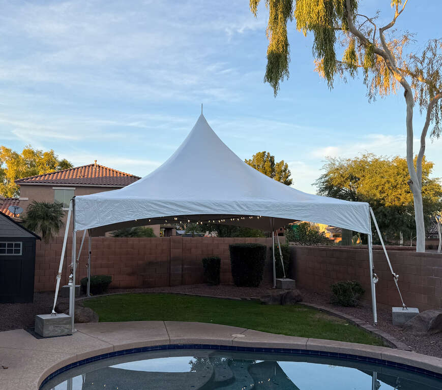 20x20 high peak tent rental for backyard celebration in Avondale Arizona