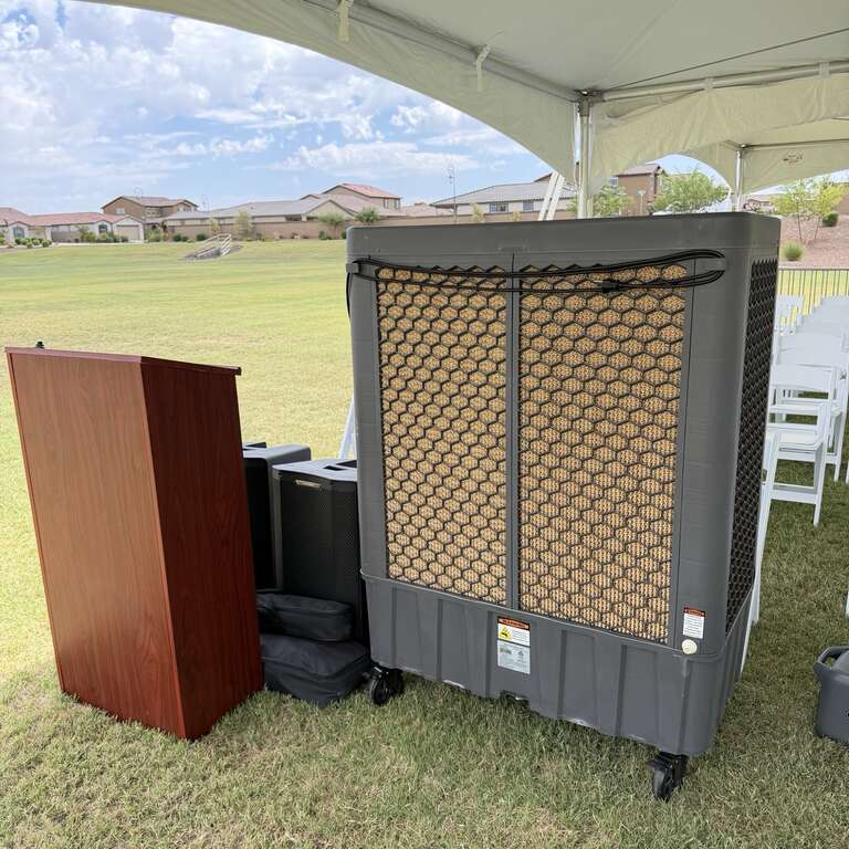 Commercial swamp cooler behind a podium at a corporate event in Goodyear Arizona