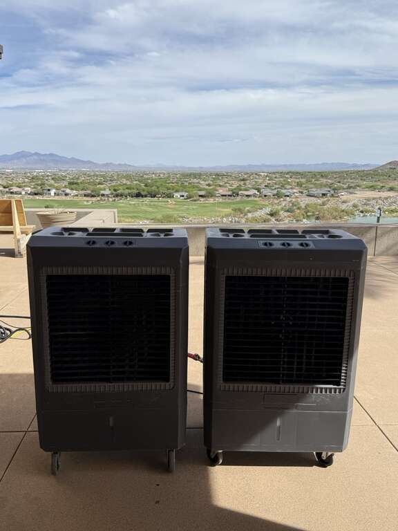 Two commercial swamp coolers at a large outdoor Scottsdale event