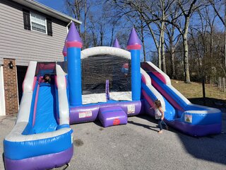 Pink Multi-Colored Bounce House with Double Water Slide for Girls