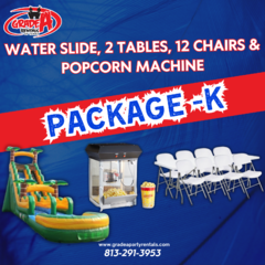 Water Slide, 2 Tables, 12 Chairs & Popcorn Machine