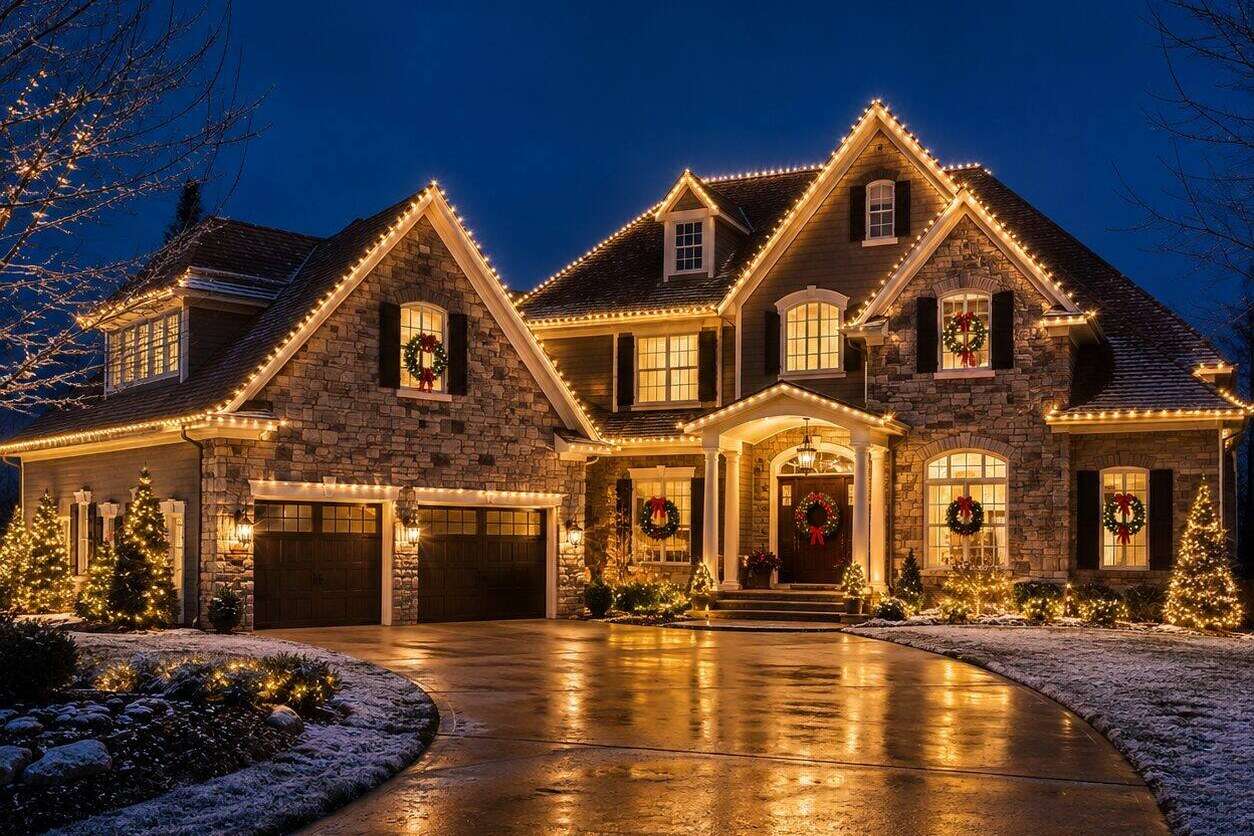 Warm white and blue peak Christmas light installation on a East Grand Rapids MI home