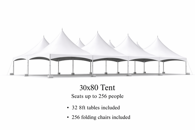 30 x 80 Tent, 32 x 8' Tables, 256 x Chairs - White