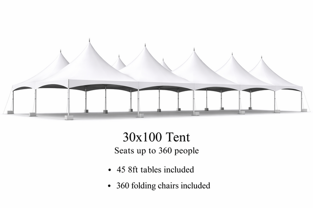 30 x 100 Tent, 45 x 8' Tables, 360 x Chairs - White