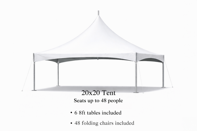 20 x 20 Tent, 6 x 8' Tables, 48 White Chairs