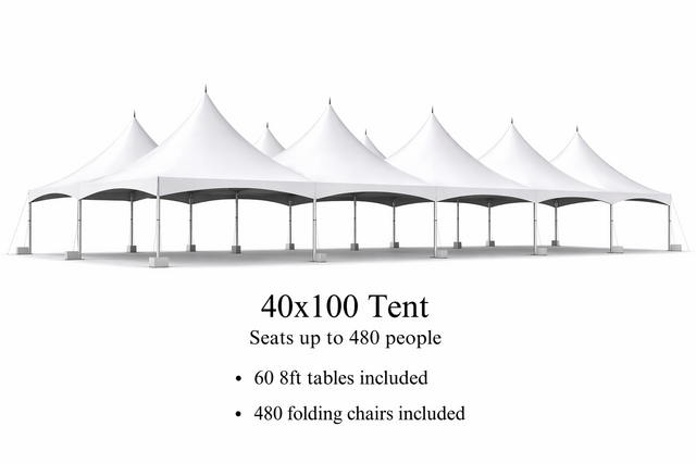 40 x 100 Tent, 60 x 8' Tables, 480 x Chairs - White