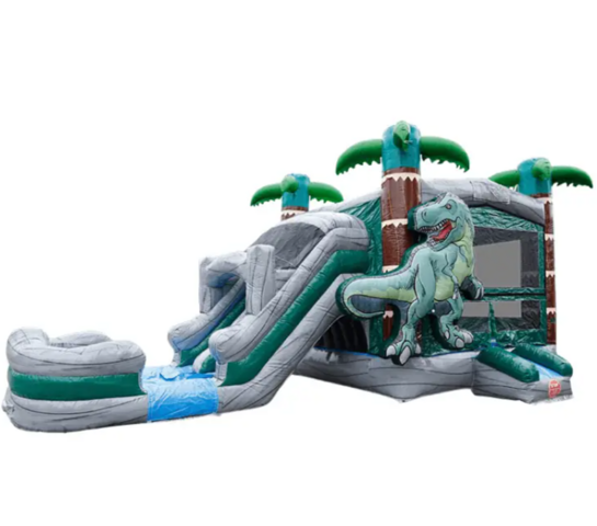 Tropical T Rex Bounce House with Dual Lane Waterslide
