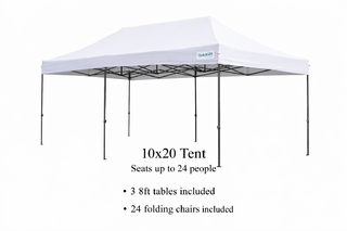 10 x 20 Tent, 3 x 8' Tables, 24 White Chairs