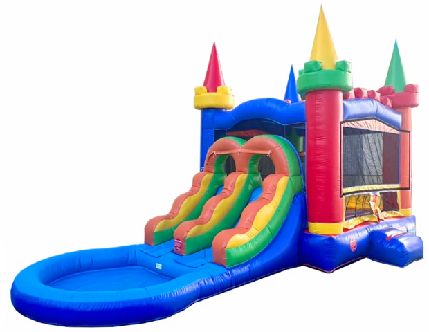 Rainbow Castle Dual Lane Bounce House with Pool